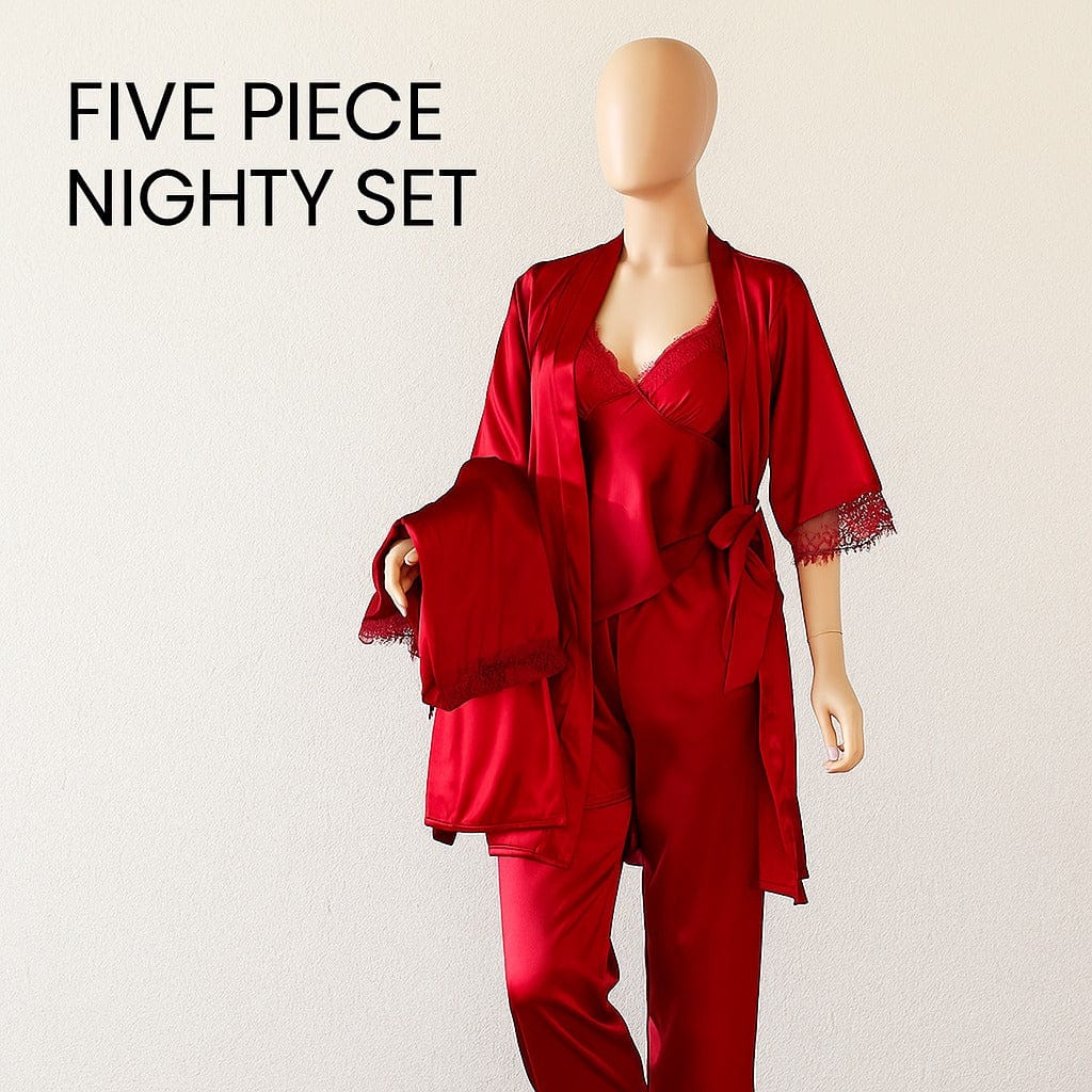 Luxury Red Satin 5-Piece Nightwear Set for Women
