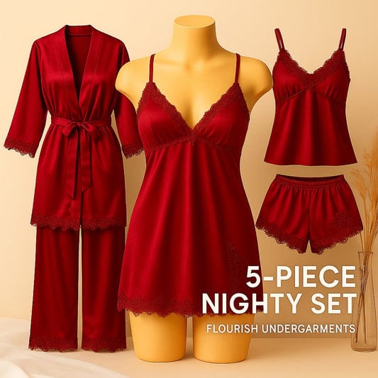 Luxury Red Satin 5-Piece Nightwear Set for Women